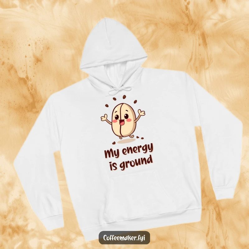 Funny, cozy hoodie featuring a kawaii coffee bean character, illustrated bouncing with joyful excitement.