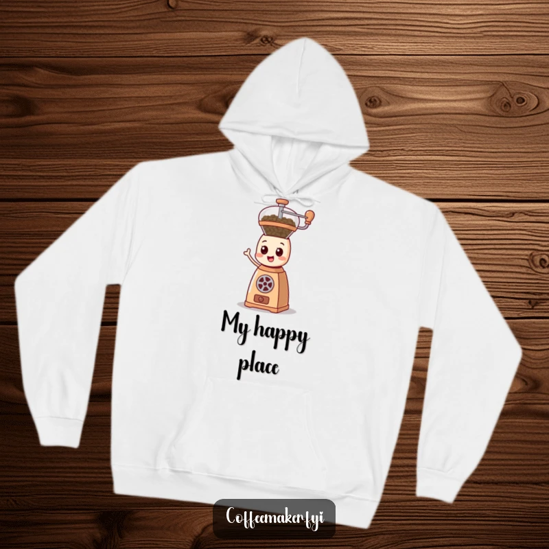 Funny cartoonish coffee grinder character happily spinning its mechanism on a cozy hoodie, radiating energy and warmth for gifting.