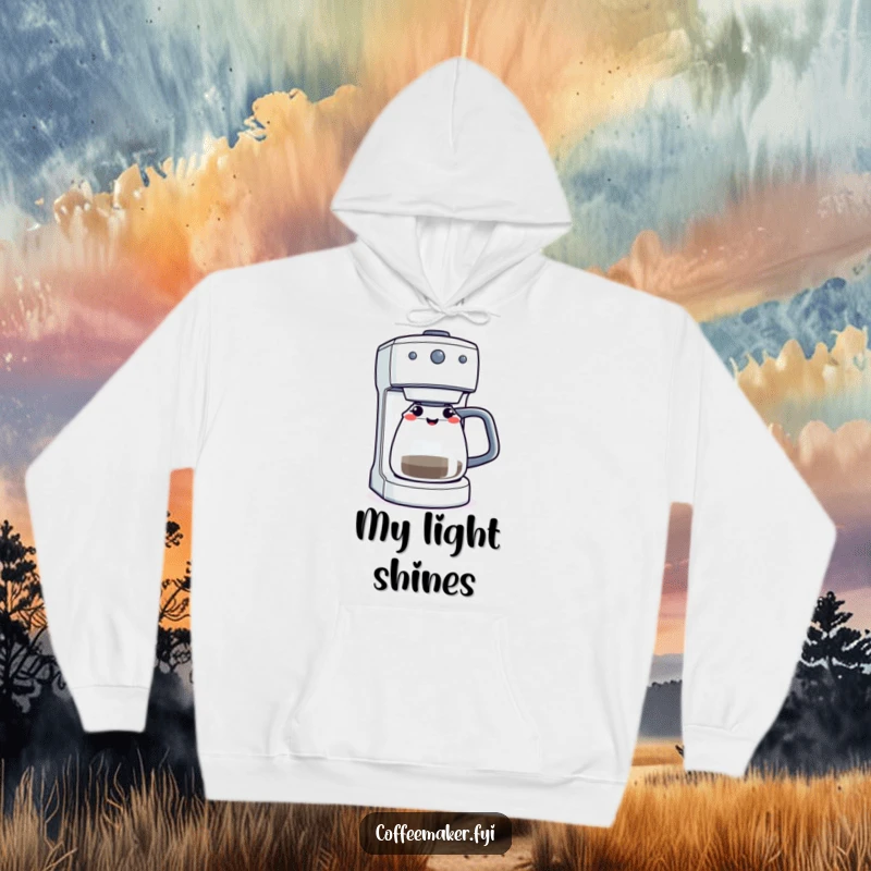 A coffee maker machine winking with its brewing light glowing, printed on a soft and warm hoodie.