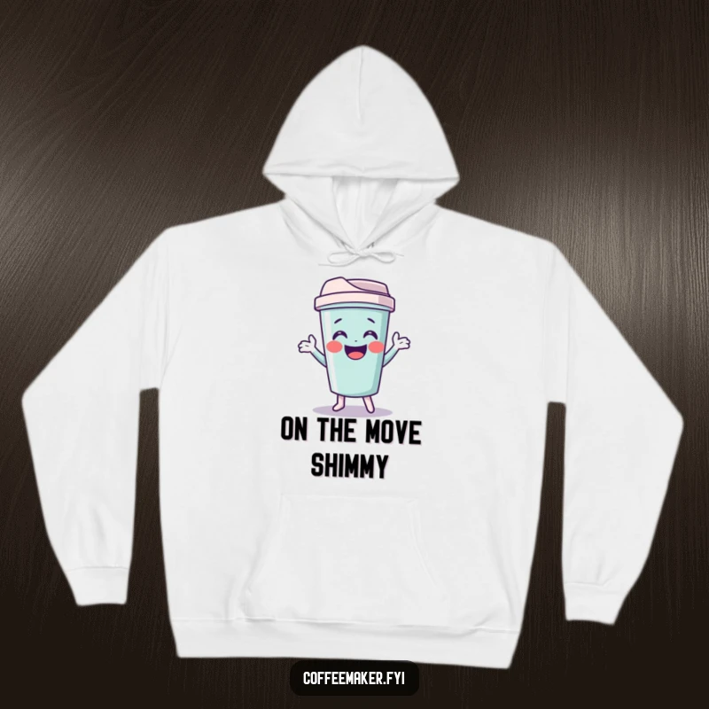 Funny travel mug hoodie featuring a giggling character doing a funny shimmy, perfect for staying warm on the go.