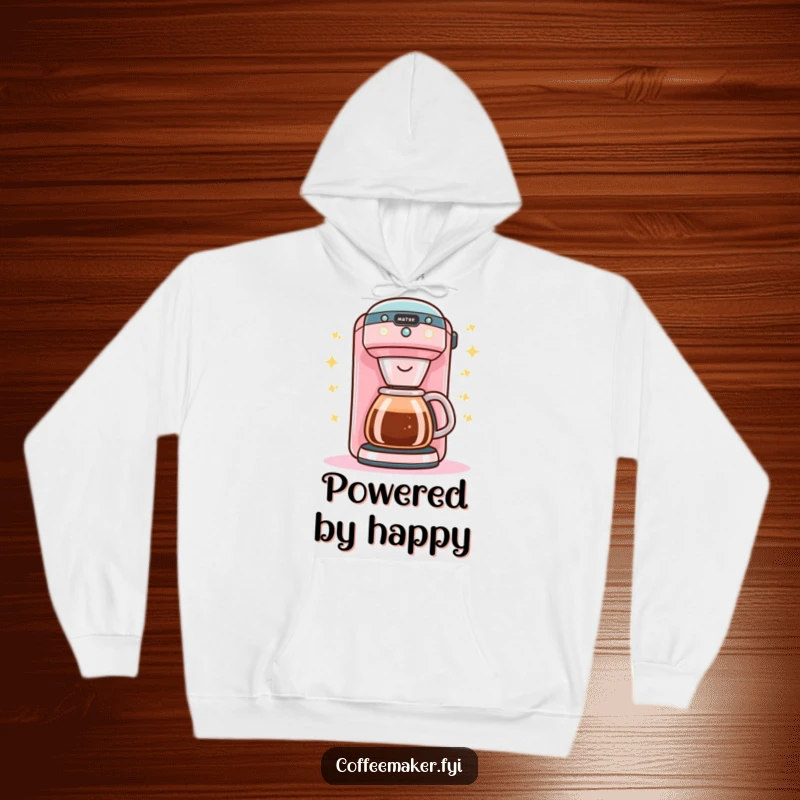 Funny Kawaii coffee maker hoodie soft and warm, buzzing with bright happy lights for cozy vibes.