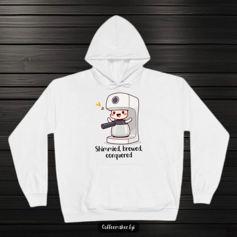 Funny Victorious Coffee Maker Hoodie: Machine doing a happy shimmy, offering cozy warmth and a celebratory dance.