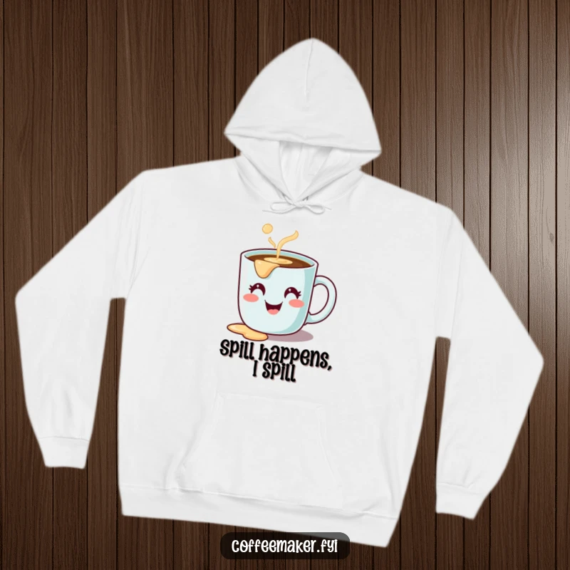 Funny hoodie with a cute coffee mug character, happy face, playfully spilling coffee, cozy and humorous apparel.