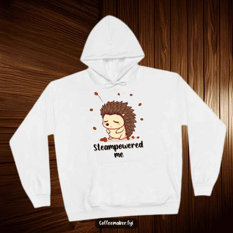 Funny hedgehog hoodie featuring a sleepy hedgehog in a coffee bean hat startled by a steam explosion.