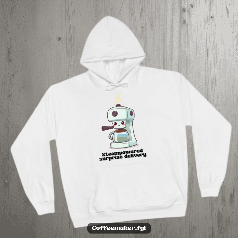 Funny Surprised Coffee Maker Hoodie: Coffee machine shocked with steam puffing, offering warmth and a humorous surprised expression.