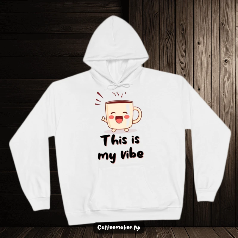 Funny hoodie featuring a kawaii coffee mug character shouting joyfully with sound waves, ideal for cheerful individuals.