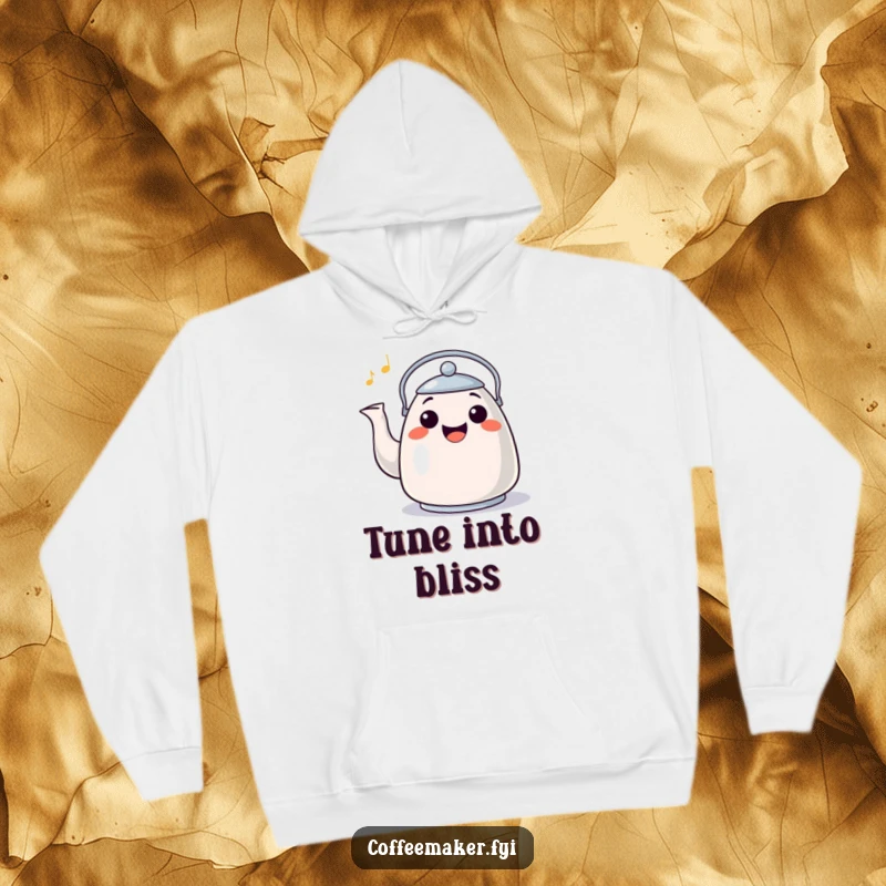 Funny Hoodie: A happy, grinning kettle character whistling a cheerful tune, bringing comfort and musical joy.