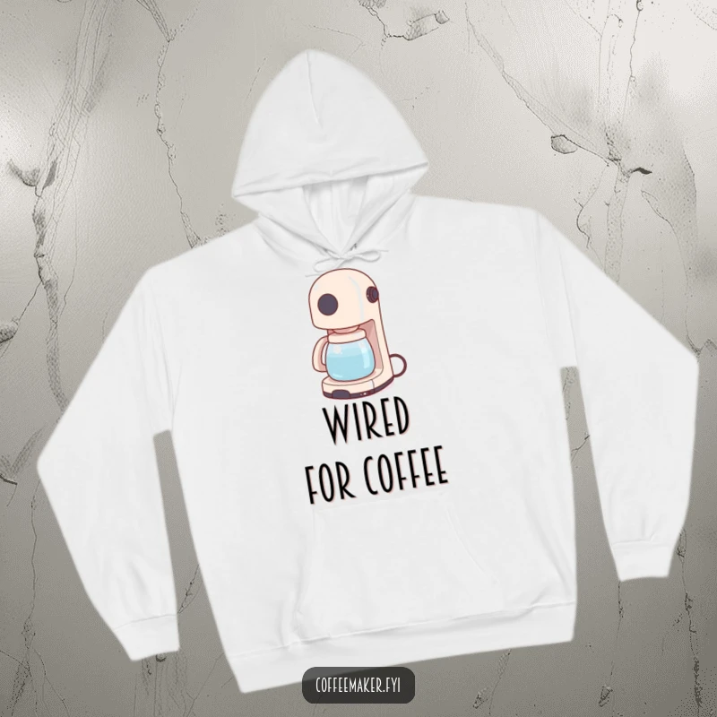 Funny hoodie featuring a cute coffee maker wiggling its power cord like a tail, offering warmth and a playful vibe.