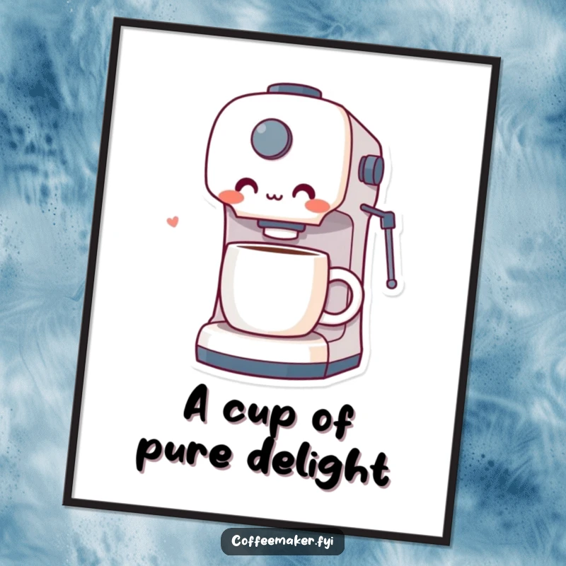 Funny Free Printable Wall Art: Coffee maker character with an expression of pure delight and surprise at a brewed cup.