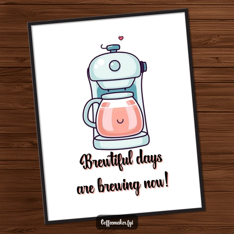 Funny Free Printable Wall Art depicting a kawaii coffee maker emitting steam that forms a happy, cheerful smiley face.