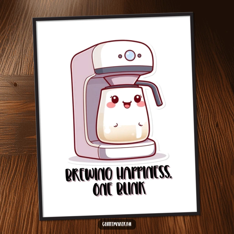 Funny Free Printable Wall Art: Kawaii coffee maker looks thrilled as its brewing light blinks, adding a dynamic feel.