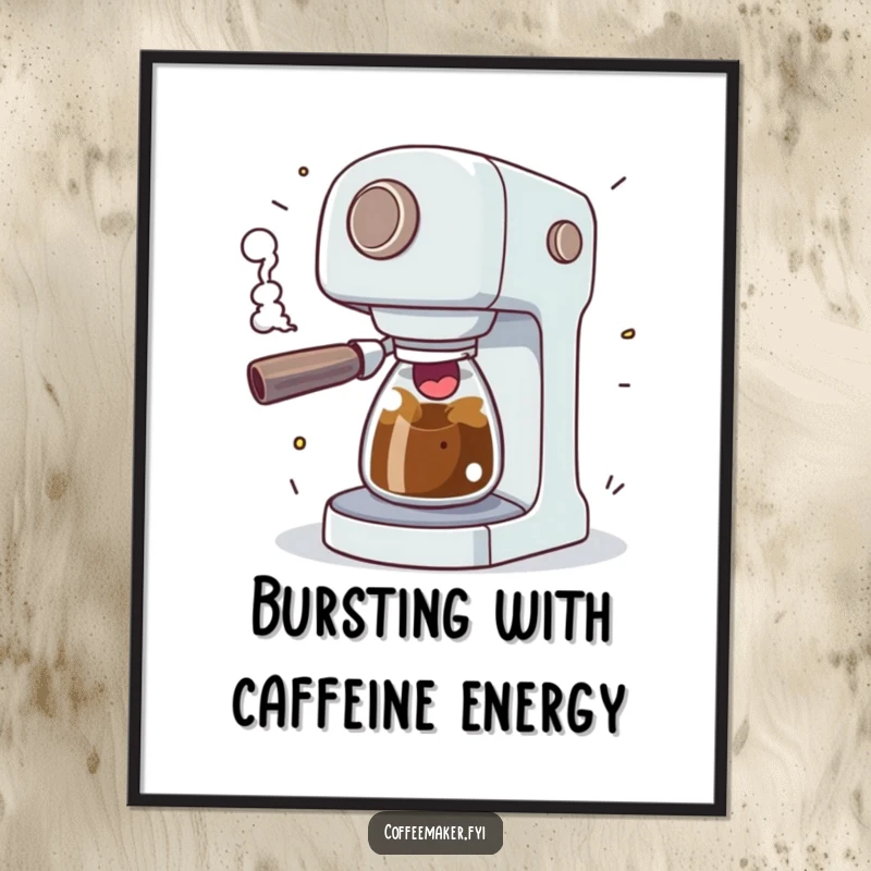 Funny Free Printable Wall Art: A coffee maker comically sputtering with excitement, with steam erupting in playful bursts, full of energy.