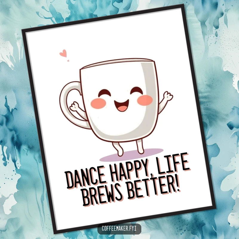 Funny Free Printable Wall Art of a kawaii coffee mug captured in a joyful dance, full of energy and happiness.