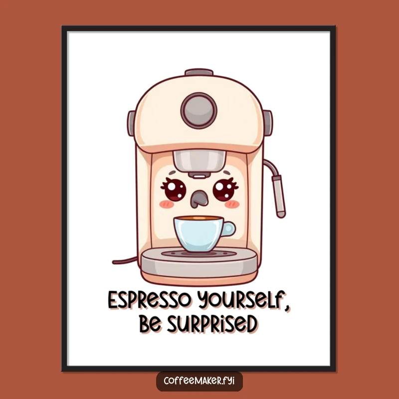 Funny Free Printable Wall Art: Surprised Kawaii Espresso Machine - Downloadable Art