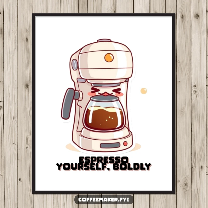 Funny Free Printable Wall Art: Mischievous kawaii coffee maker winking, brewing bubbly mixture, downloadable art for coffee lovers.