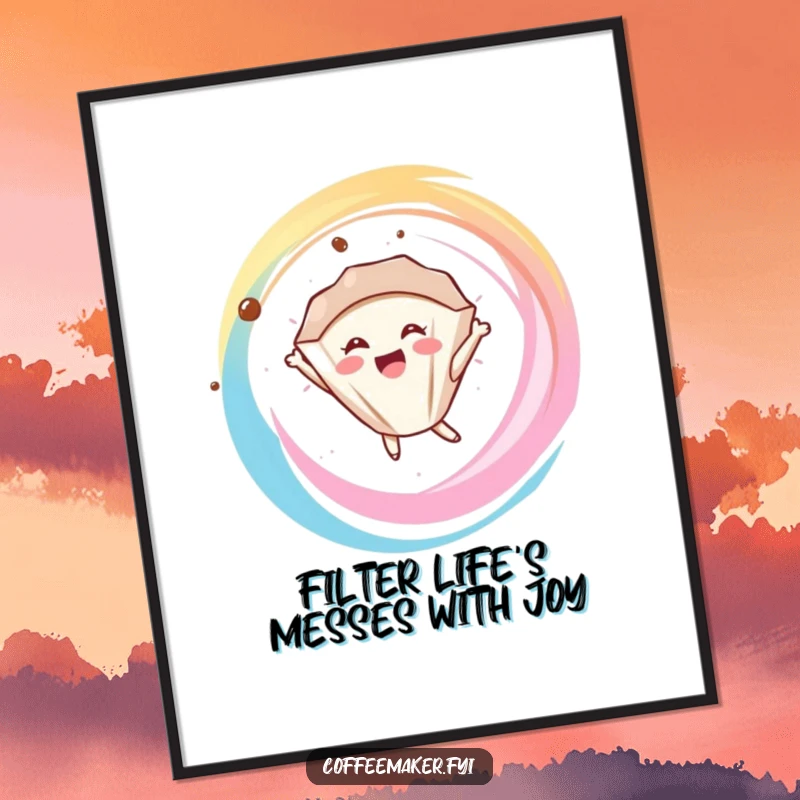 Funny Free Printable Wall Art of a delighted coffee filter character joyfully floating and swirling around, radiating happiness.