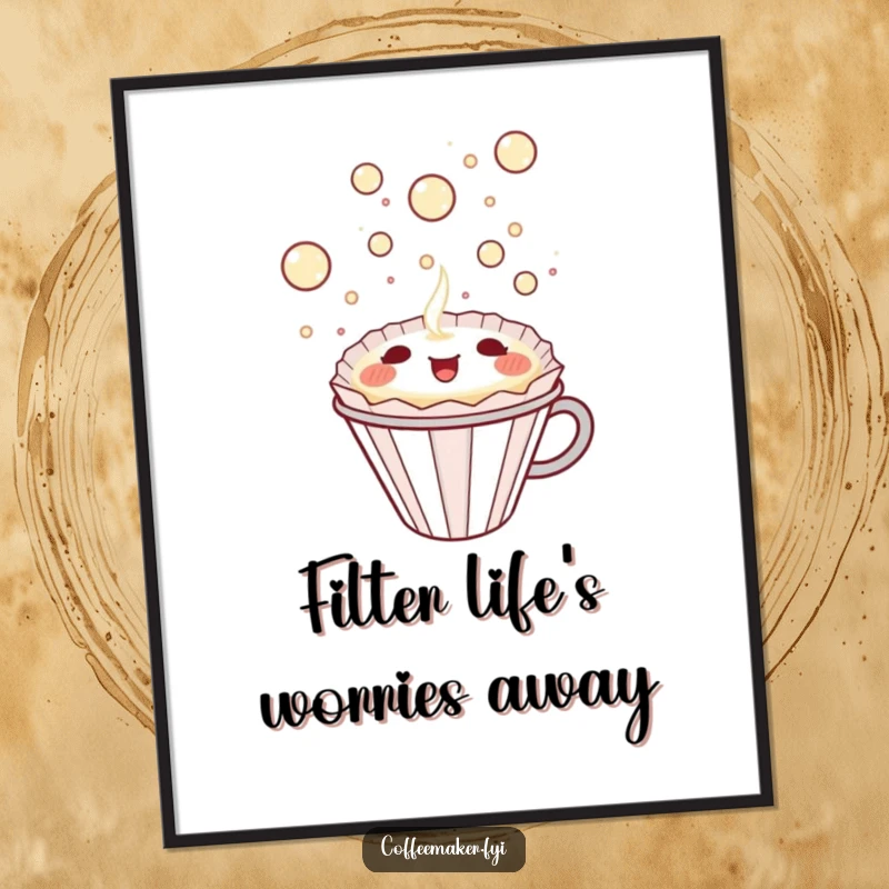 Funny Free Printable Wall Art of a kawaii coffee filter happily catching a bubbly delight, bringing cheerful energy to any room.