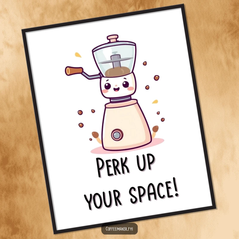 Funny Free Printable Wall Art of a Kawaii coffee grinder spinning wildly, creating a fun and energetic atmosphere in your home.