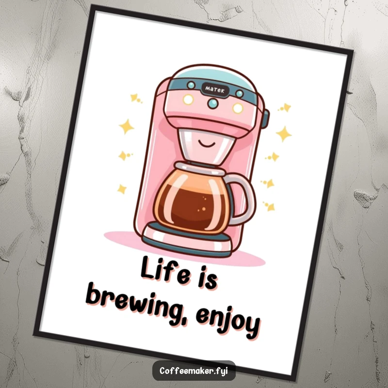 Funny Free Printable Wall Art: A buzzing Kawaii coffee maker with bright, happy lights, adding vibrant energy to any room.