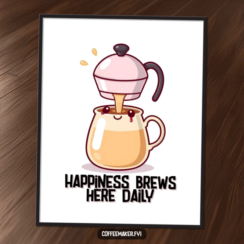 Funny Free Printable Wall Art: Kawaii coffee pot joyfully pouring a stream of happiness, adding cheer to any room.