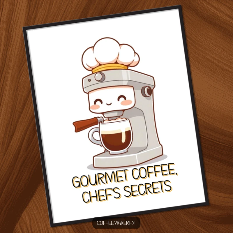 Funny Free Printable Wall Art: Coffee maker character wearing a chef hat, artfully presenting a steaming, fancy coffee.