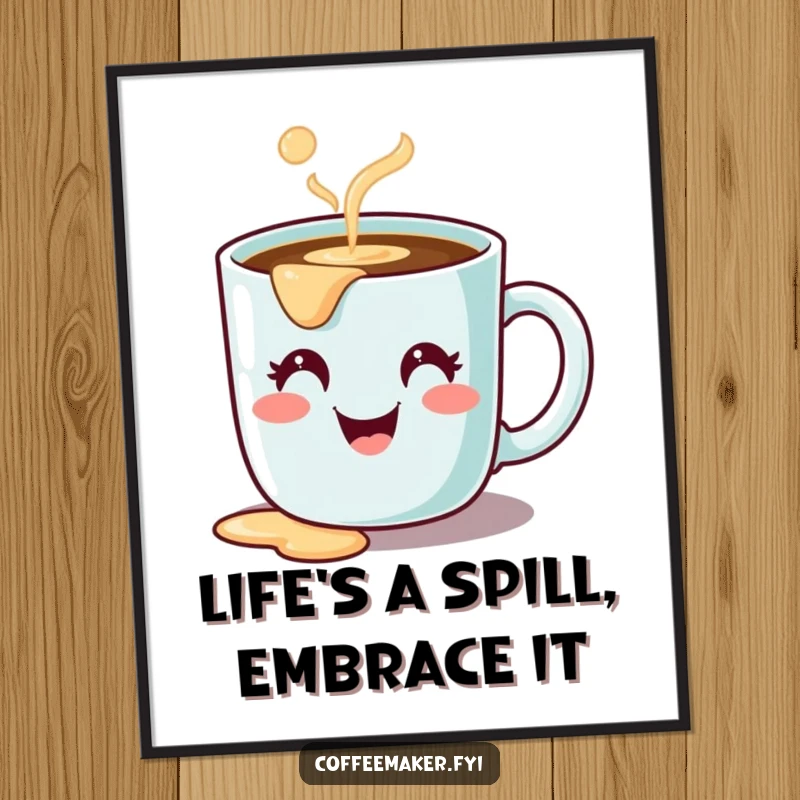 Funny Free Printable wall art of a cute coffee mug character with a happy face, comically spilling its drink.