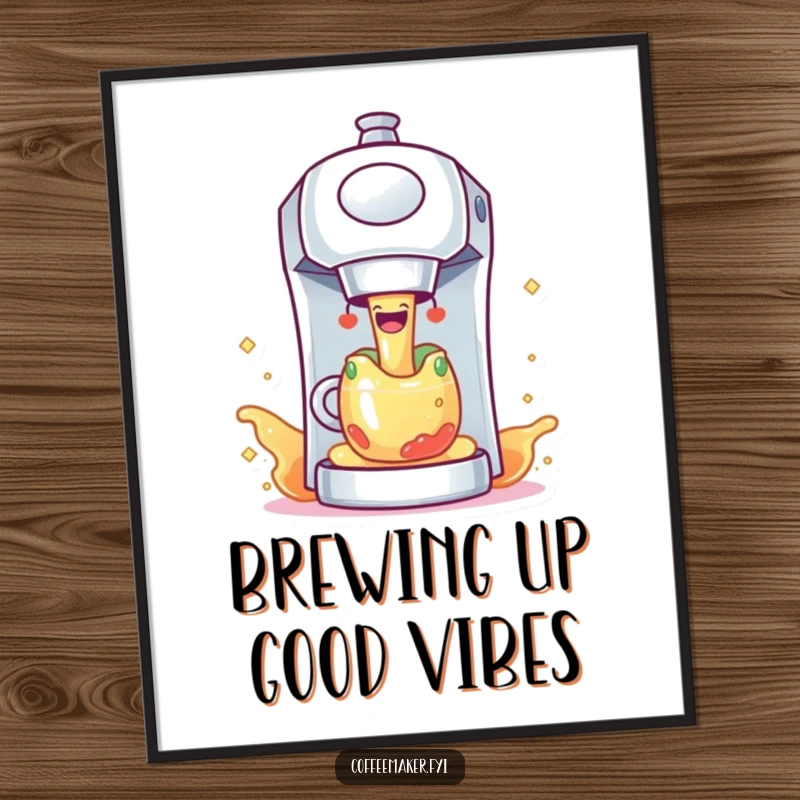 Funny Free Printable Wall Art: A joyful coffee maker character dispensing a cascade of colorful, sparkling liquid, adding cheer to any room.