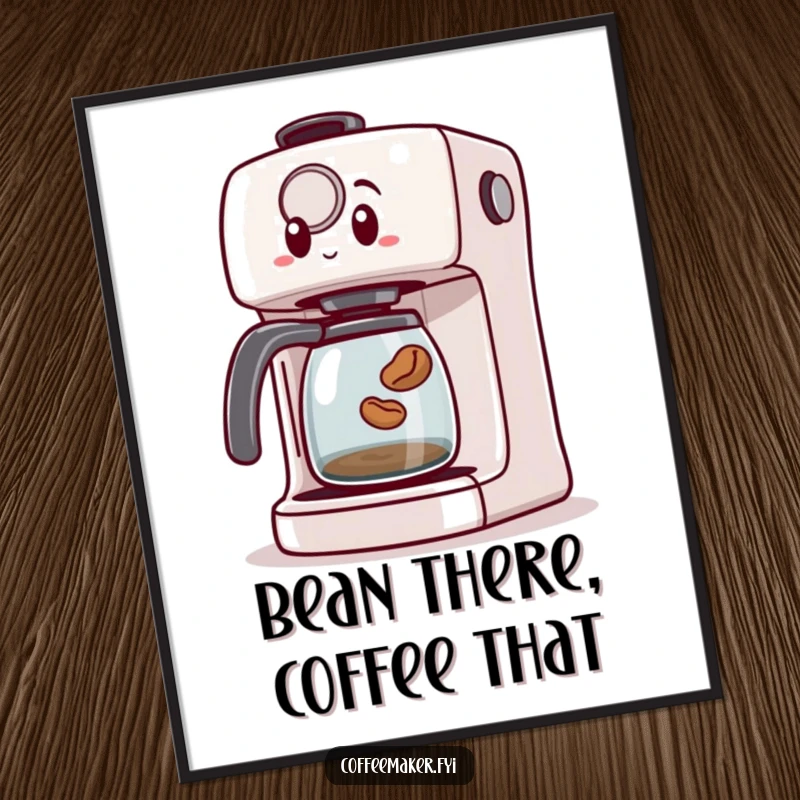 Funny Free Printable Wall Art: A coffee maker machine looks genuinely surprised as a tiny coffee bean character jumps out.