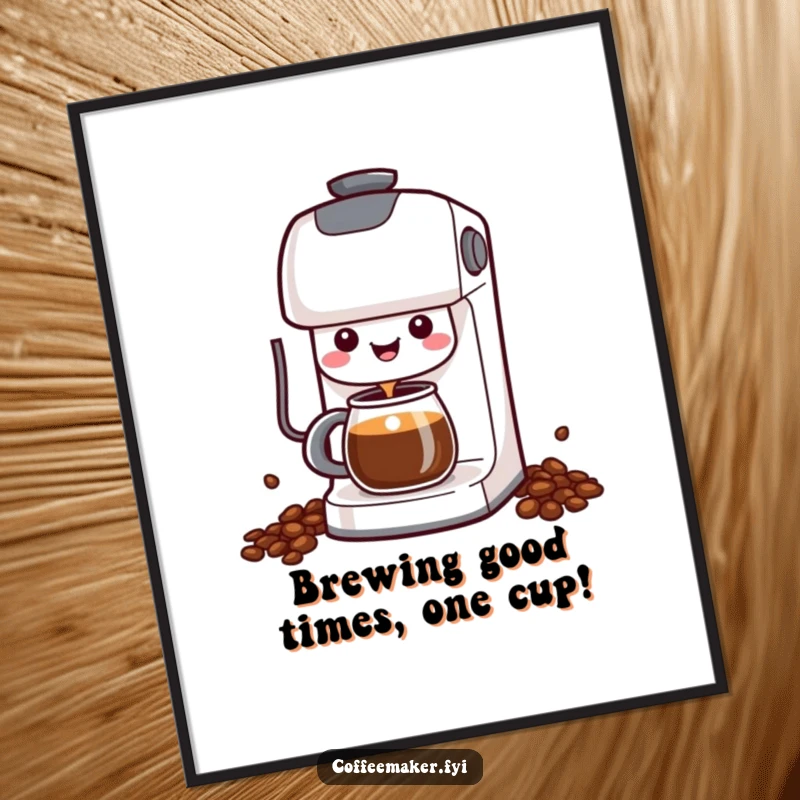 Funny Free Printable Wall Art of a cheerful kawaii coffee maker character happily dispensing a stream of fresh coffee.