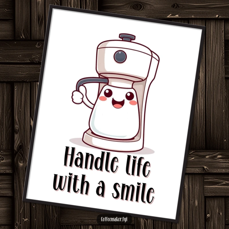 Funny Free Printable Wall Art: Kawaii coffee maker extends its handle in a warm, welcoming gesture, perfect for kitchens.
