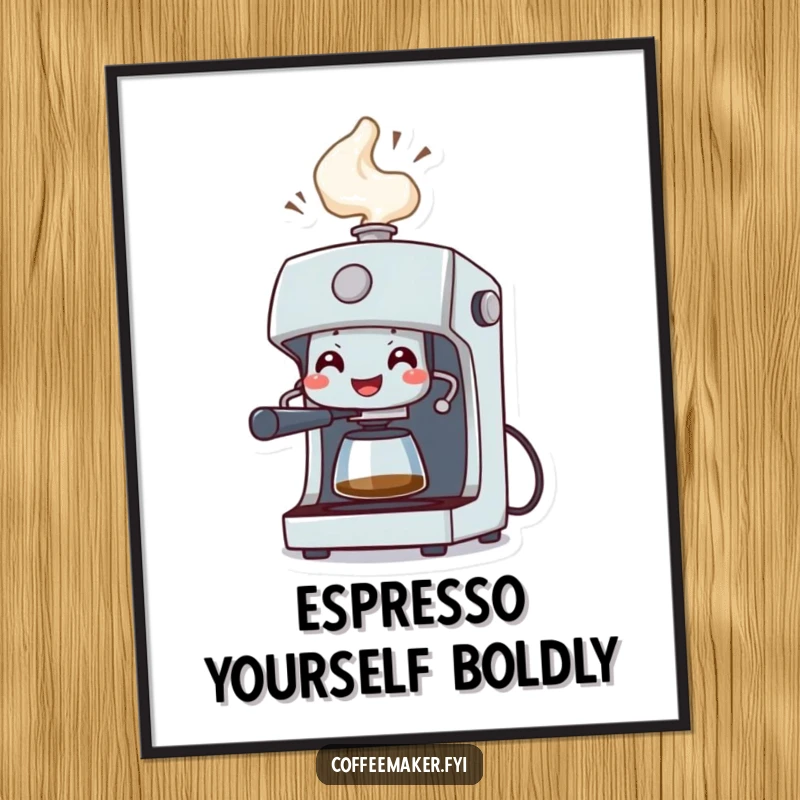 Funny Free Printable Wall Art: A grinning coffee machine character sprays a celebratory geyser of steam.