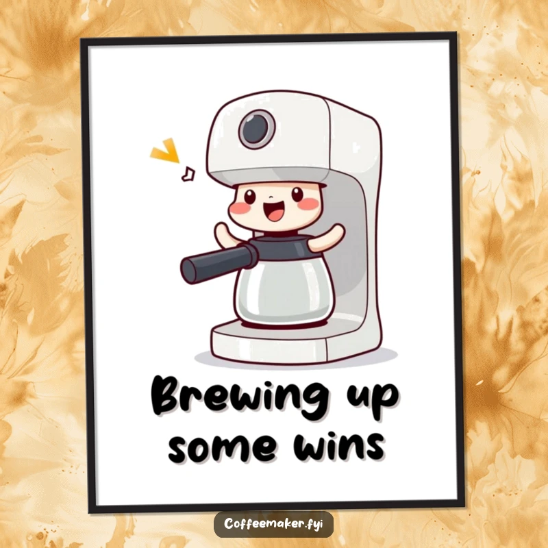 Funny free printable wall art: A coffee maker character enthusiastically performing a victory shimmy, its entire body vibrating with joy.