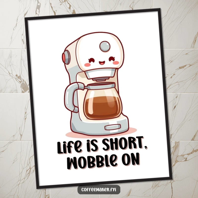 Funny free printable wall art depicting a coffee maker performing a delightful and happy little wobble, perfect for kitchen decor.