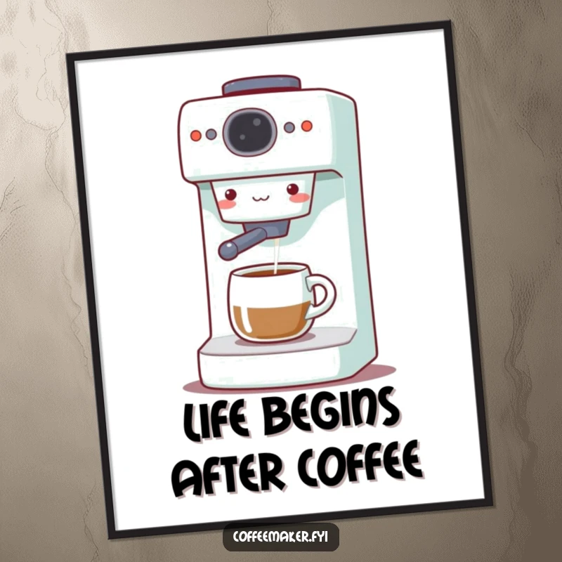 Funny free printable wall art: A cute coffee maker machine gleefully dispensing a stream of coffee, radiating positive and happy energy.