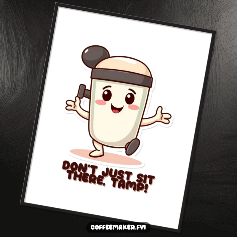 Funny Free Printable Wall Art: A smiling coffee tamper character does a determined, stamping dance.