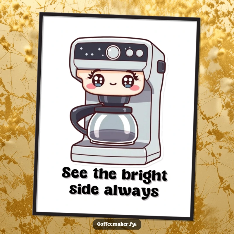 Funny free printable wall art. A coffee maker with wide, bright, excited eyes radiates pure energy and happiness.
