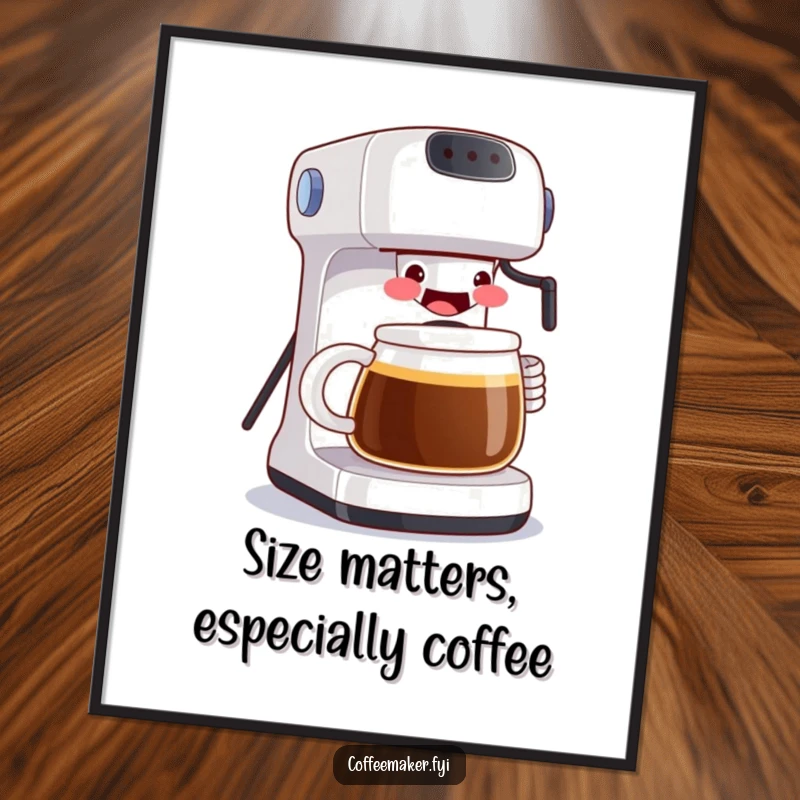 Funny free printable wall art of a coffee maker with a wide, happy grin, serving a comically large mug.