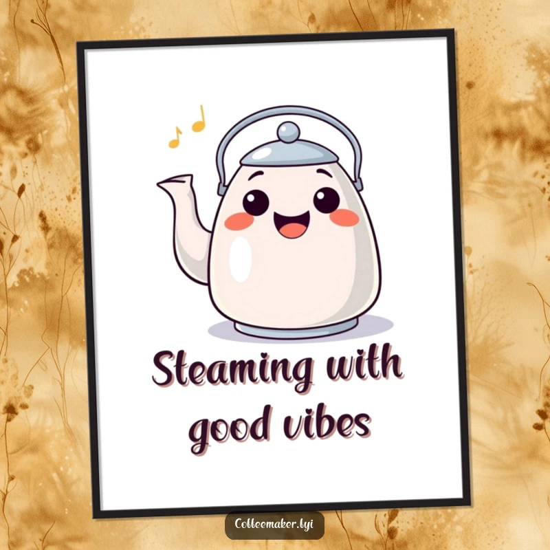 Funny Free Printable Wall Art of a happy kettle character with a wide grin, whistling a cheerful tune.