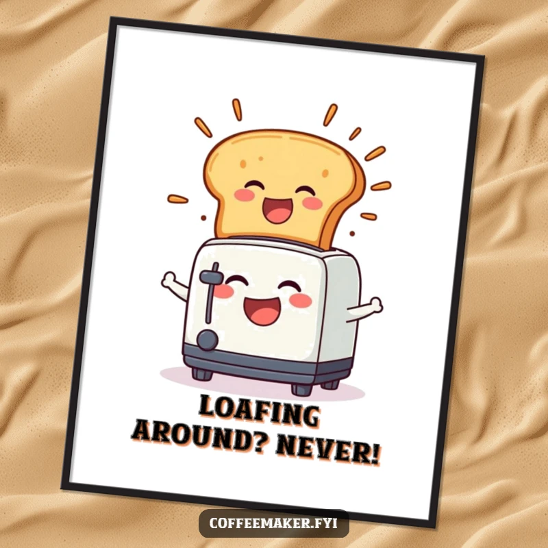 Funny Free Printable Wall Art of a laughing toaster character with a joyful toast explosion, perfect for kitchen decor.