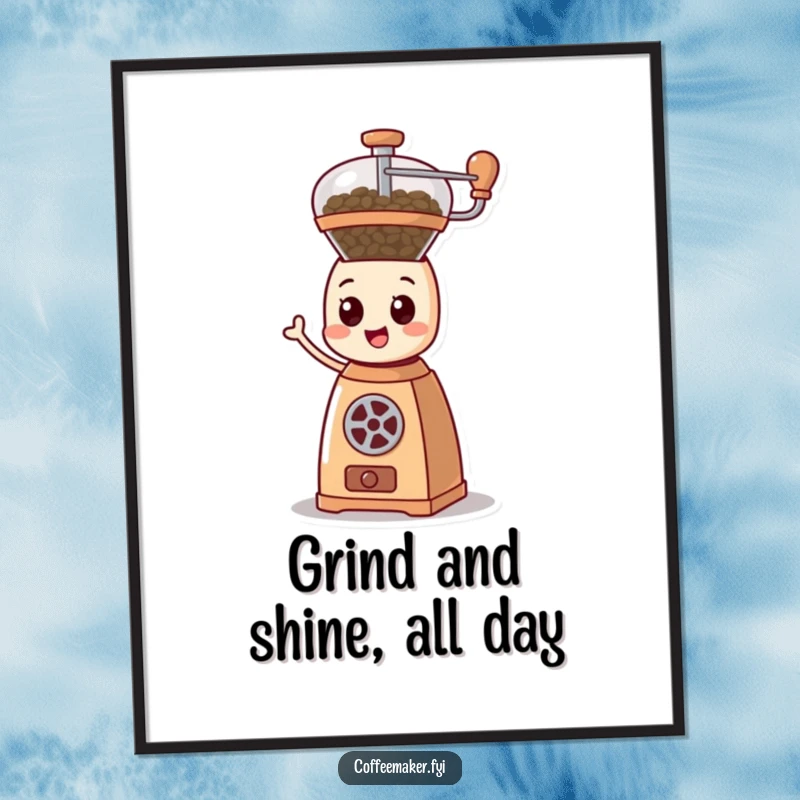 Funny Free Printable Wall Art: Cartoonish coffee grinder character happily spinning its mechanism with delight.