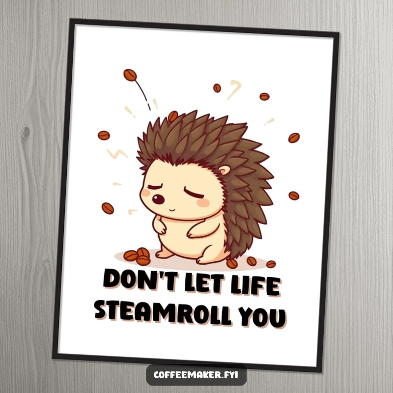 Funny Free Printable Wall Art: A sleepy hedgehog wearing a coffee bean hat is startled awake by a dramatic explosion of steam.