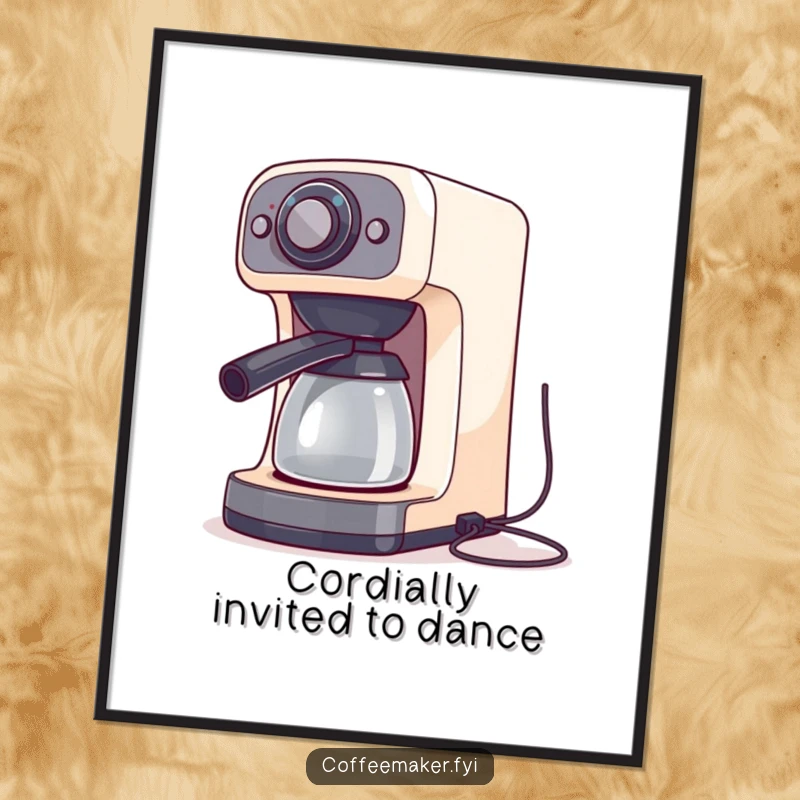 Funny Free Printable Wall Art: A coffee maker is captured mid-dance, its cords swinging wildly. Energetic and humorous.