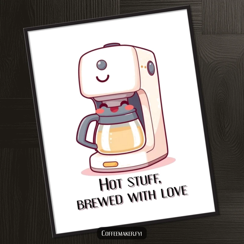 Funny Free Printable Wall Art: A happy, boiling coffee maker machine with a large, cheerful grin.