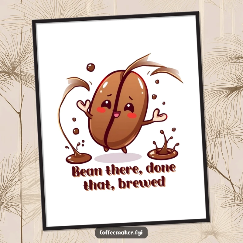 Funny Free Printable Wall Art: A single coffee bean character demonstrates impressive juggling skills with dark liquid streams.