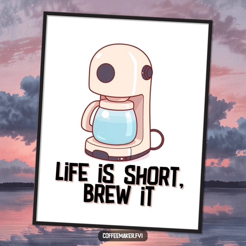 Funny Free Printable Wall Art: A tiny coffee maker joyfully wiggling its power cord like a tail, adding a spark of humor, downloadable art.