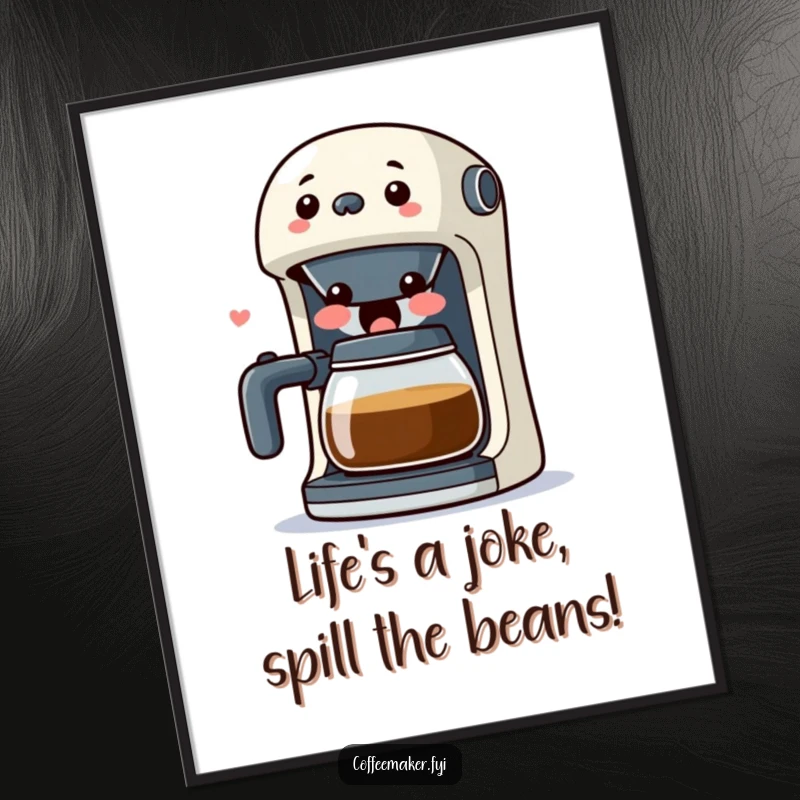 Funny Free Printable Wall Art of a surprised kawaii coffee maker character roaring with laughter, spout wide open.