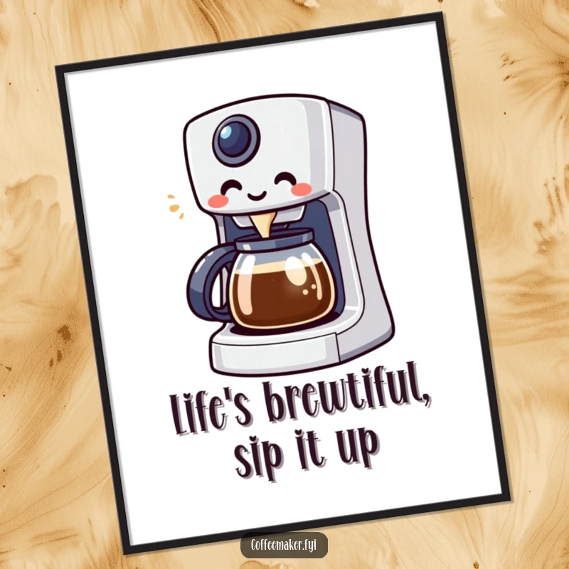 Funny Free Printable Wall Art of a Kawaii coffee maker character enthusiastically brewing a colorful, steaming beverage with a huge smile.