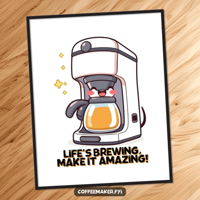 Funny Free Printable Wall Art of a kawaii coffee maker character happily bubbling with pure joy and delight.