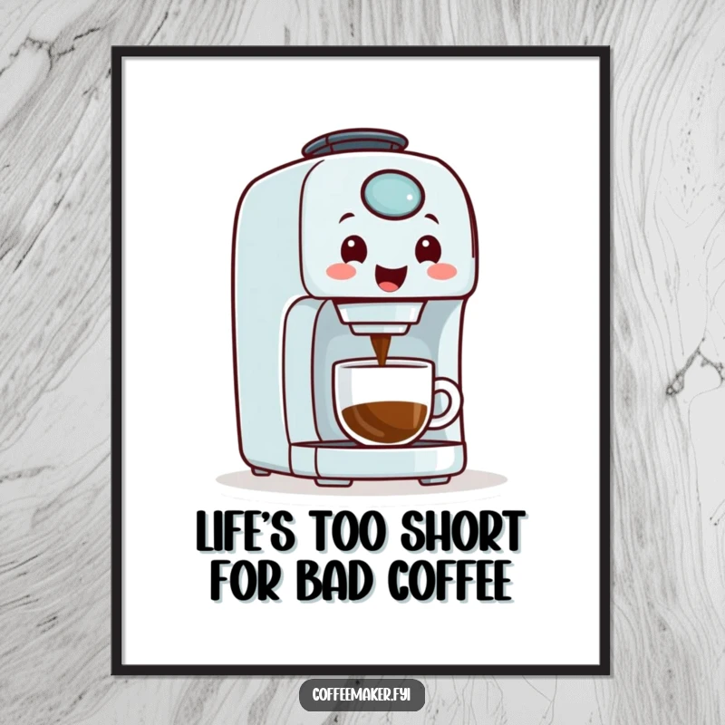 Funny Free Printable Wall Art: A cheerful, smiling coffee maker machine actively brewing a fresh cup of coffee.
