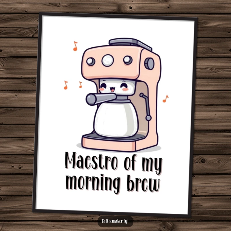 Funny Free Printable Wall Art: Coffee maker character with wiggling knobs, enthusiastically conducting an unseen orchestra.